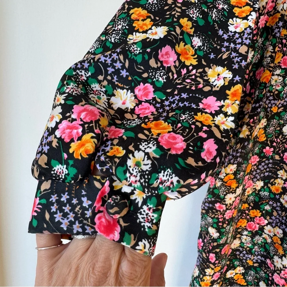 Vintage 70s Atkins Black Floral House coat Dress Muumuu Maxi Dress Pockets M - Picture 7 of 10